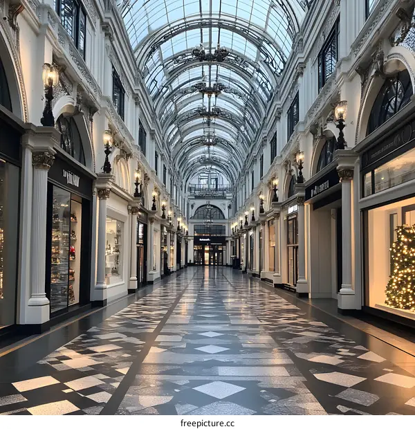 Elegant Glass Ceiling Arched Covered  Mall Interior With Shops