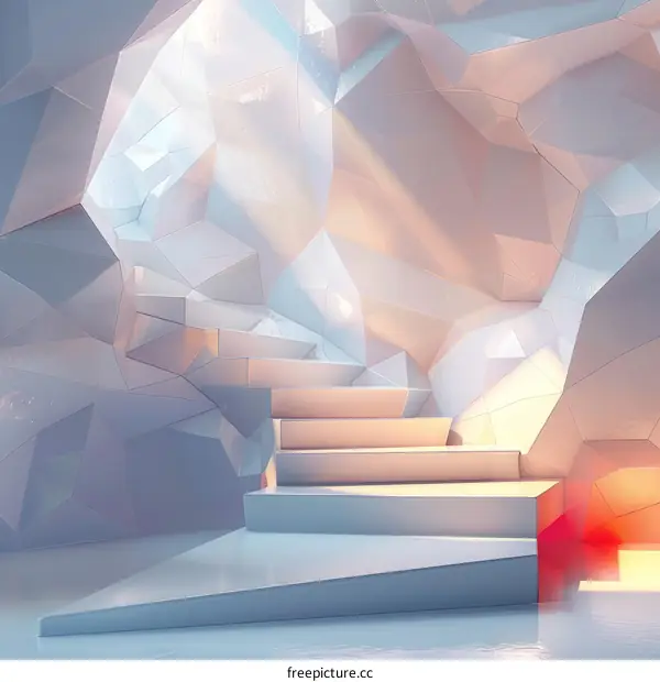 3D rendering of a modern geometric staircase with a glowing red light at the bottom