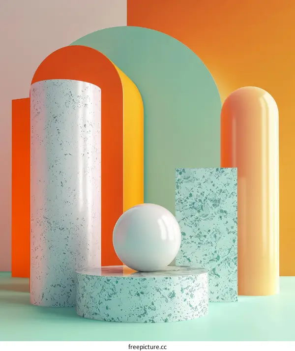 3D Abstract Geometric Shapes Composition with Sphere and Podium on Colorful Background