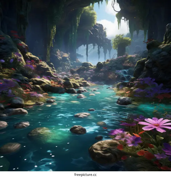 Mystical Cave with Glowing River and Colorful Plants