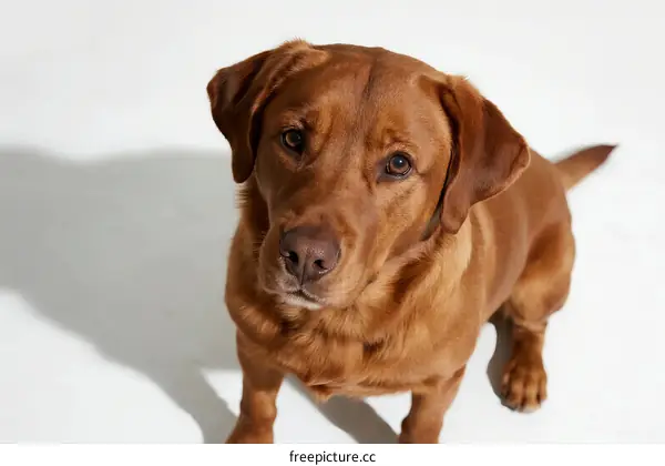 A brown Labrador retriever sitting on a white background looking at the camera