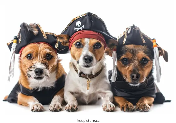 Three dogs wearing pirate hats