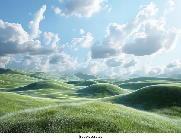 Rolling Green Hills under a Majestic Blue Sky and Fluffy White Clouds