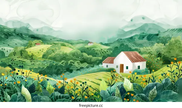 Charming Green Hillside Village Illustration