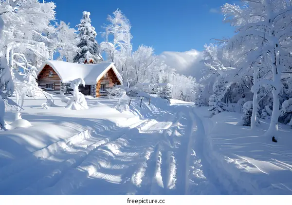The snow-covered house and trees in the winter forest