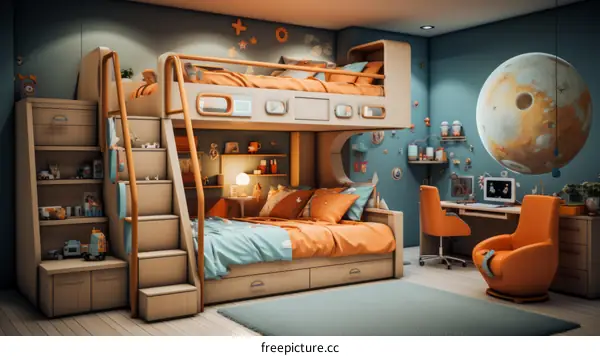Cozy Kid's Bedroom with Bunk Bed, Desk, and Toys