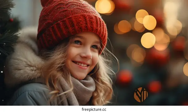 Little girl in red hat smiling in front of Christmas lights