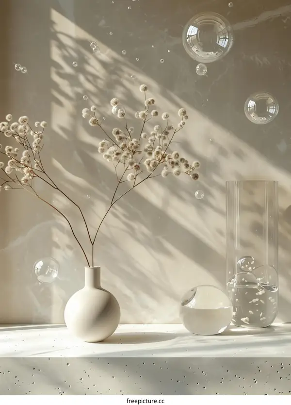 Elegant Minimalist Home Decor with Soft Light and Bubbles