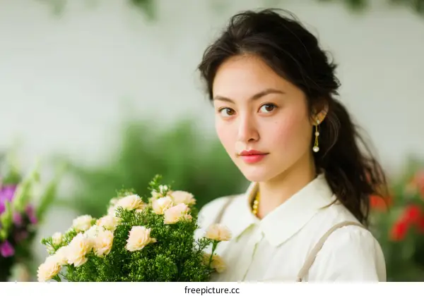 Asian Woman Arranging Flowers in Floral Shop