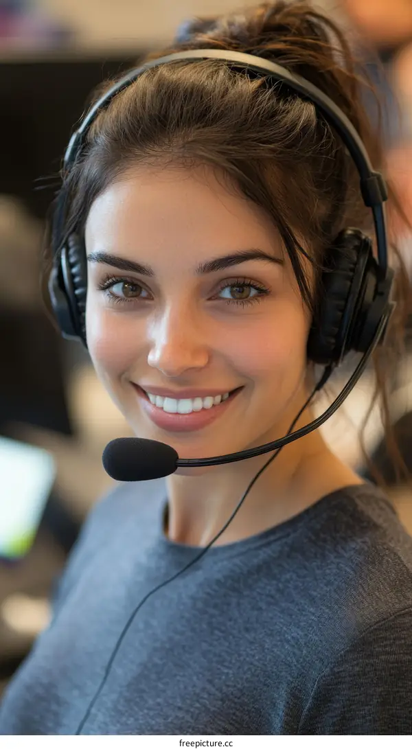 Smiling Woman Wearing Headphones and Headset in Office