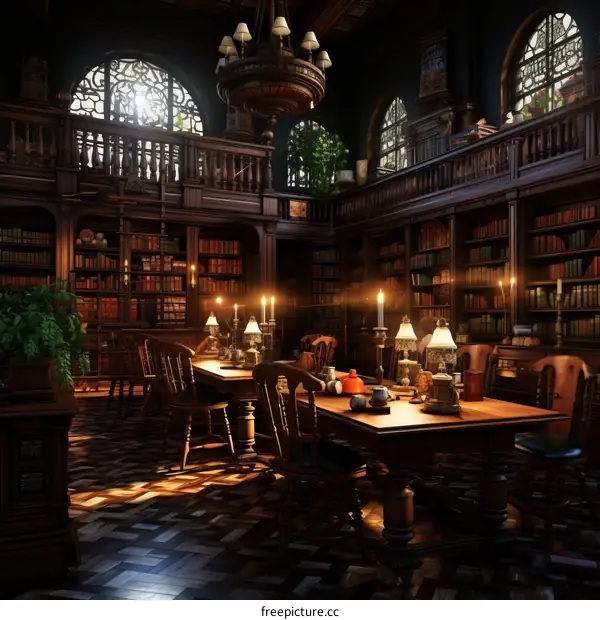 fantasy library with books and candles