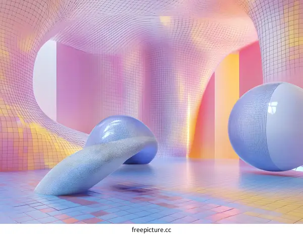 Abstract 3D  Geometric  Interior Design Room  With  Colorful Wall  And  Mesh Grid