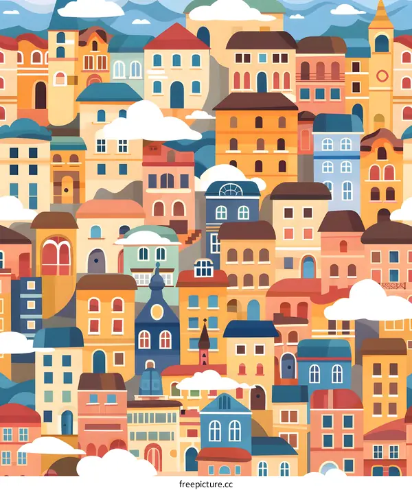 Colorful Illustration Of A Cityscape With Many Buildings