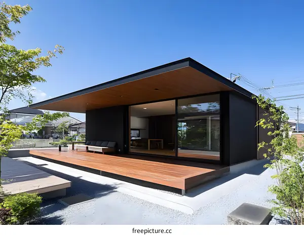 Modern House with Wooden Deck and Black Exterior