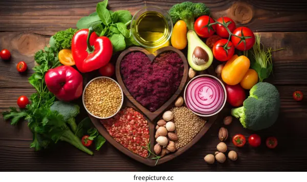 A variety of fresh vegetables and nuts arranged on a wooden table in the shape of a heart