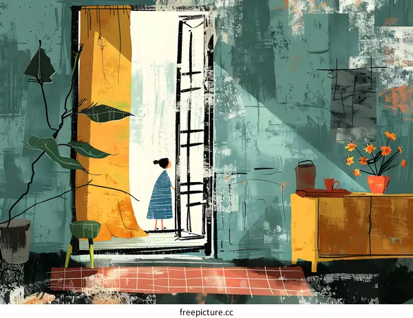 Woman in Blue Dress Looking out Window of Room with Yellow Curtains