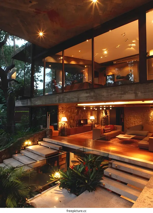 Modern House with Stone Walls and Large Windows