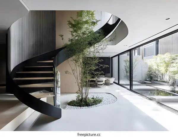 Modern Minimalist Interior Design With Spiral Staircase And Courtyard