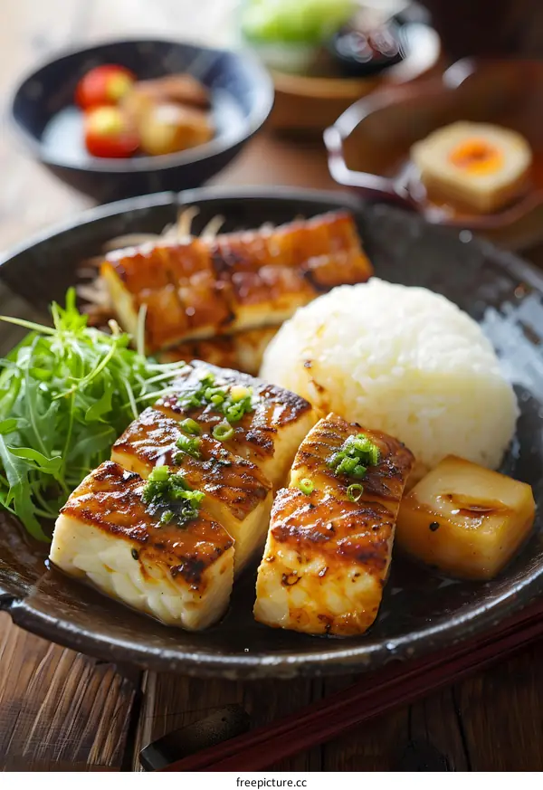 Grilled fish with rice and salad