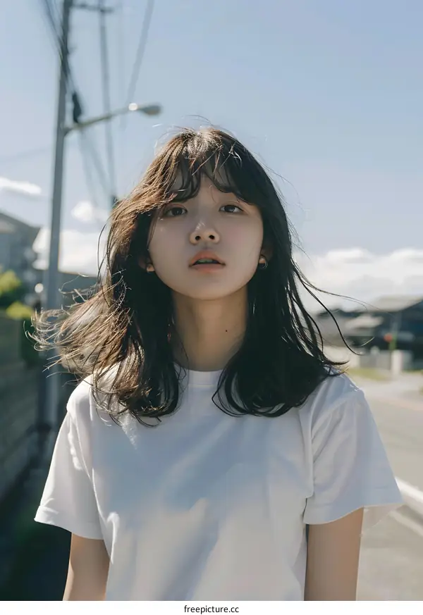 Young Asian Woman in White T Shirt Looking at Camera