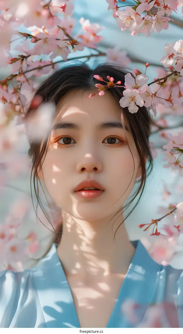 Asian Woman Posing with Cherry Blossoms in Spring