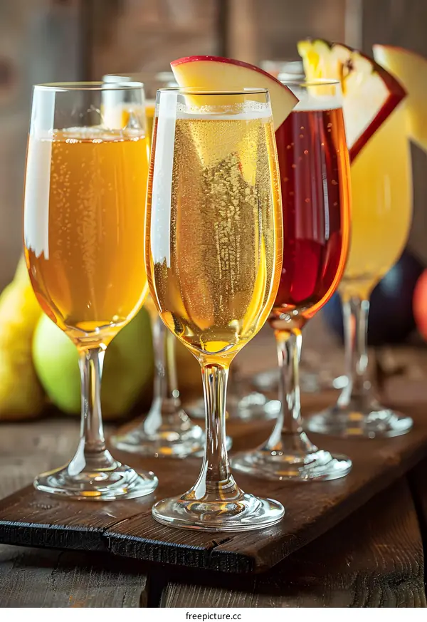 Apple Cider Tasting Flight with Pears on Wooden Board