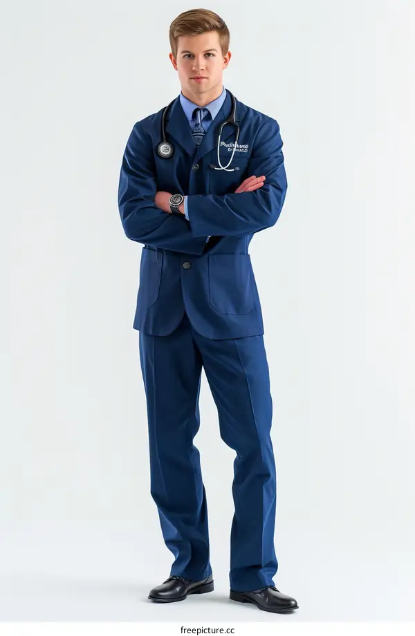 Young male doctor in blue suit with stethoscope