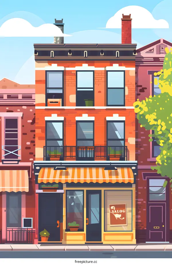Illustrated Brick Building With Striped Awning