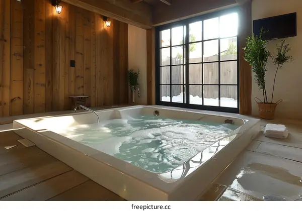 A hot tub in a wooden room with a large window