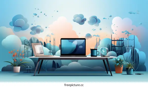 A surreal illustration of a desk floating in the clouds