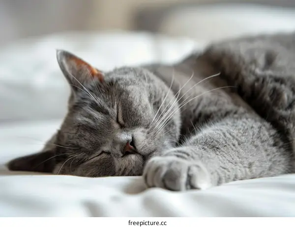 A gray shorthair cat is sleeping on a white bed.