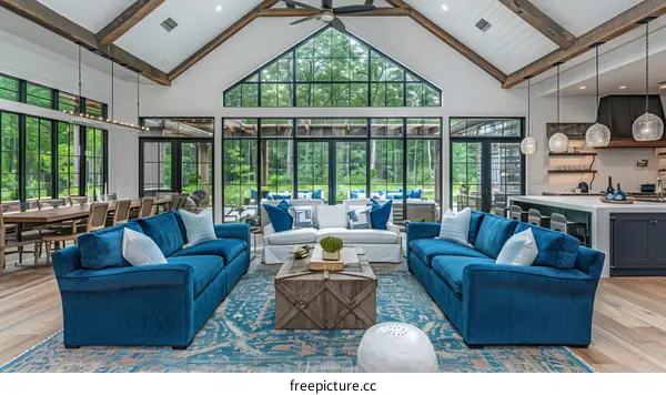 Modern Farmhouse Living Room With Vaulted Ceiling and Blue Accents