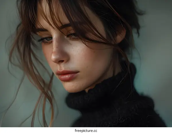 portrait of a young woman with freckles and brown hair wearing a black turtleneck sweater