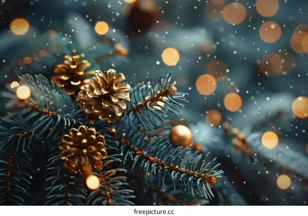 Golden Christmas Pine Cones on a Blue Spruce Tree