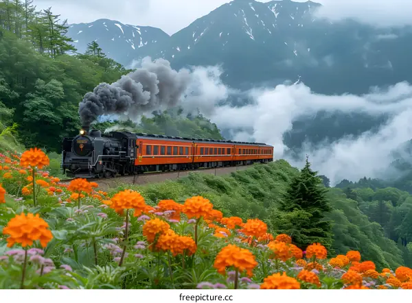 Steam Train Through Mountain Landscape with Flowers