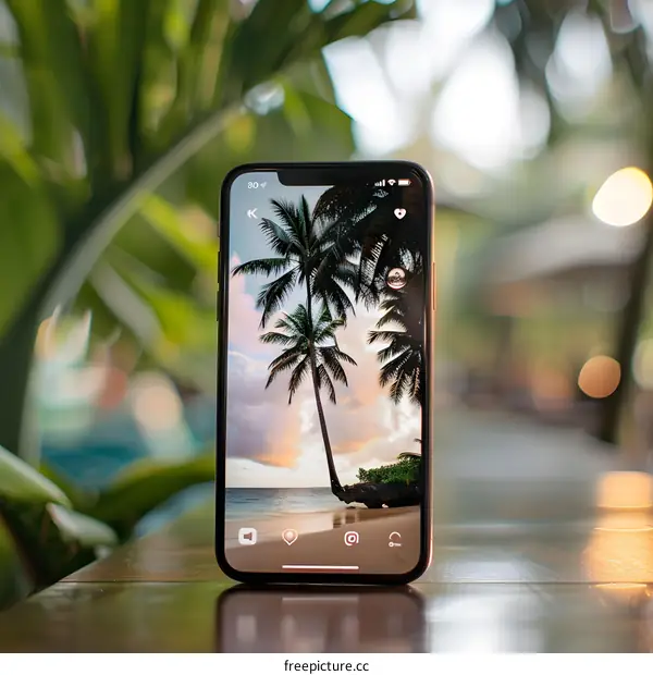 Smartphone Displaying Palm Trees and Beach on a Tropical Island
