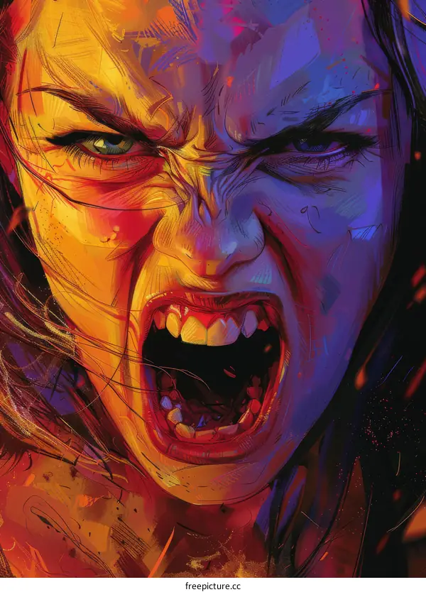 A womans face is contorted in a scream of rage.