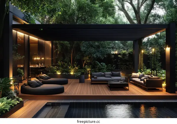 Modern Outdoor Living Area with Pool and Pergola