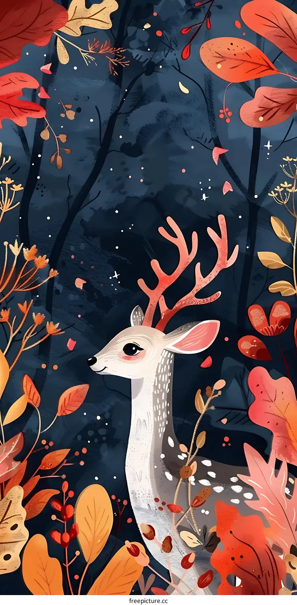 Cute Deer Illustration With Autumn Leaves
