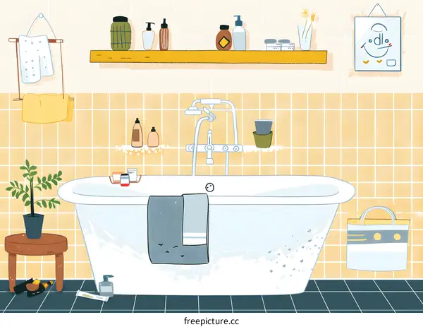 Bathroom with a White Tub and Yellow Tiles