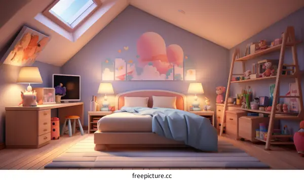 A cozy and colorful attic bedroom with a skylight and cute girly decor