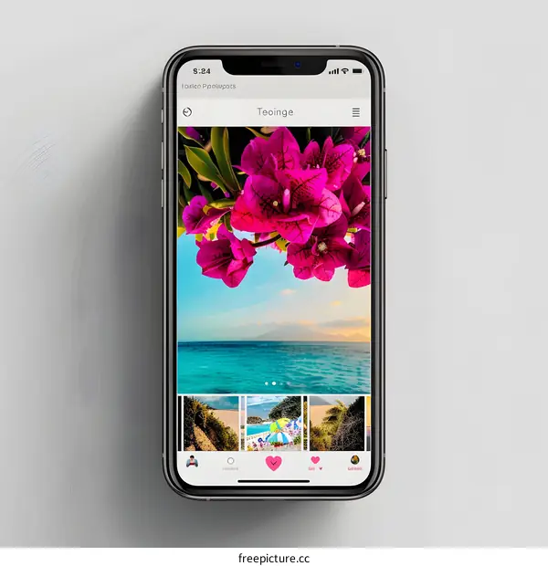 Mobile Phone Screen Displaying Travel App with Images of a Beach and Flowers