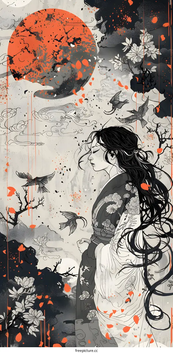 Japanese Woman in Traditional Kimono with a Red Moon and Flowers Background