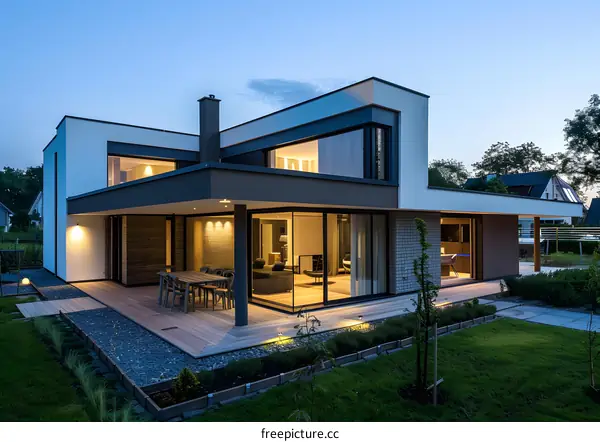 Modern Architecture House With Large Windows And Patio