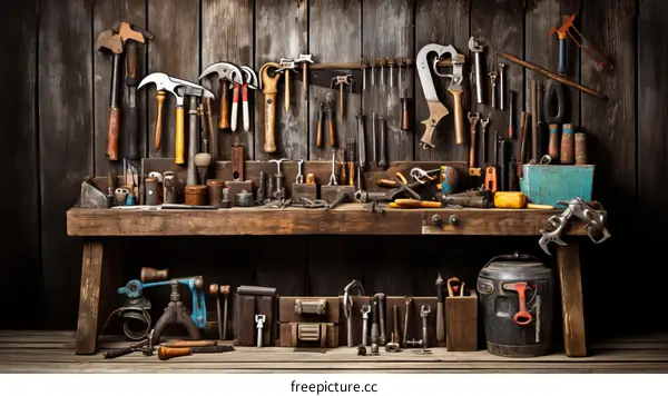 A collection of old hand tools displayed on a wooden workbench in a rustic workshop.