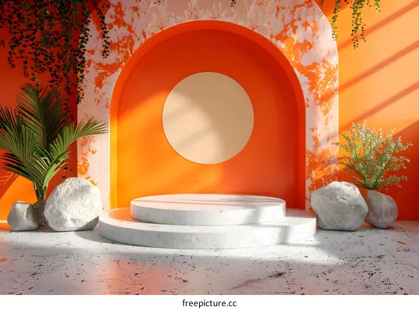 Round arch and white marble podium with orange background