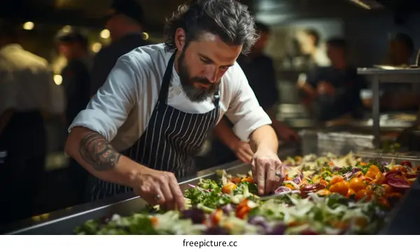 Focused male chef carefully preparing ingredients in commercial kitchen