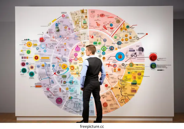 A man standing in front of a large colorful mural of a city.