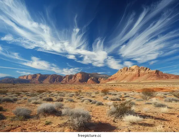 Arid desert landscape with blue sky and wispy white clouds