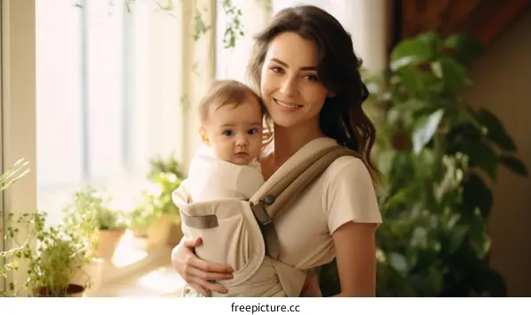 A mother is carrying her baby in a baby carrier